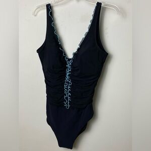 Black One-Piece Swimsuit with Blue Trim. Size 14